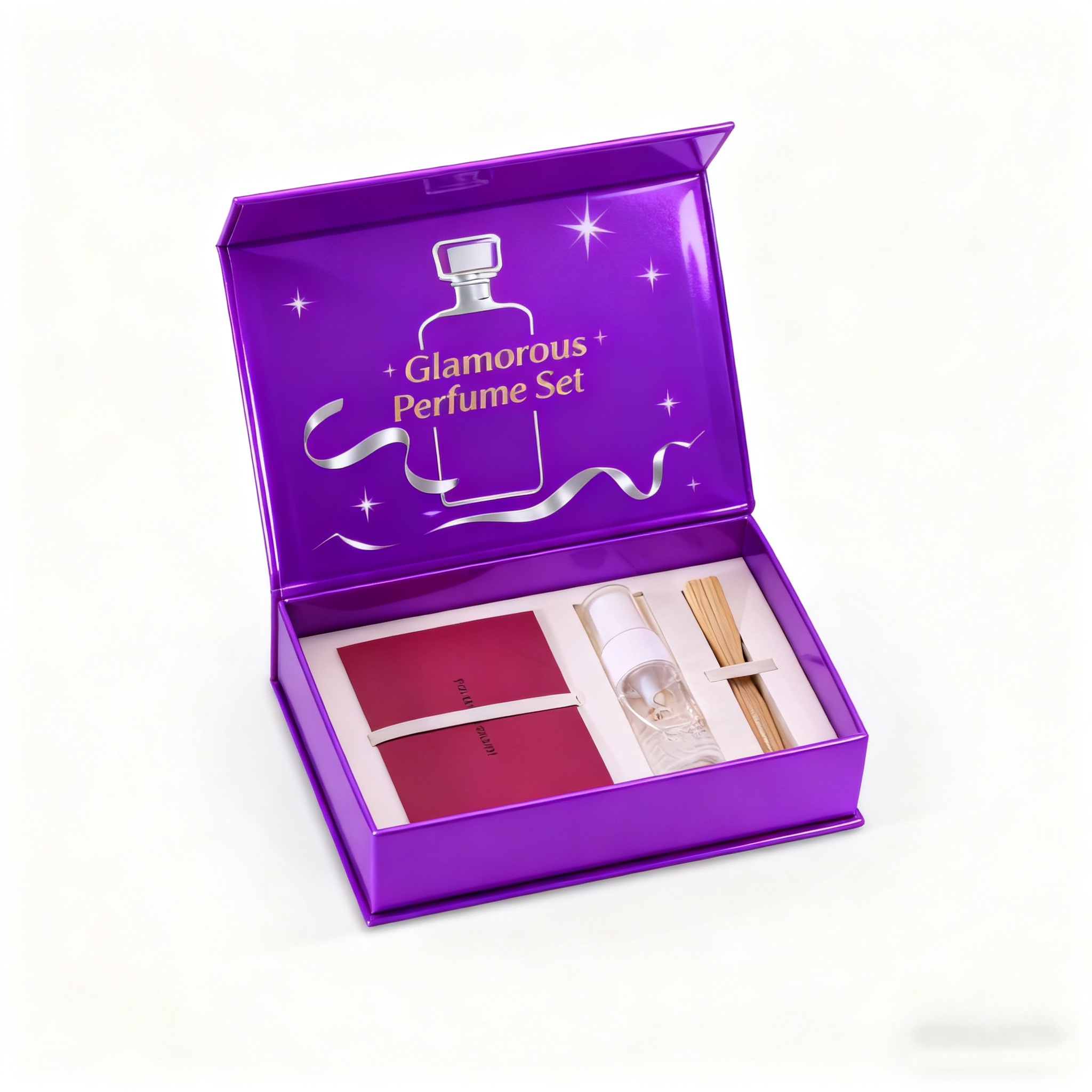 Custom Recyclable Luxury Perfume Rigid Clamshell Box Magnetic Closure Art Paper Matt Lamination UV Coating Embossing Sponge