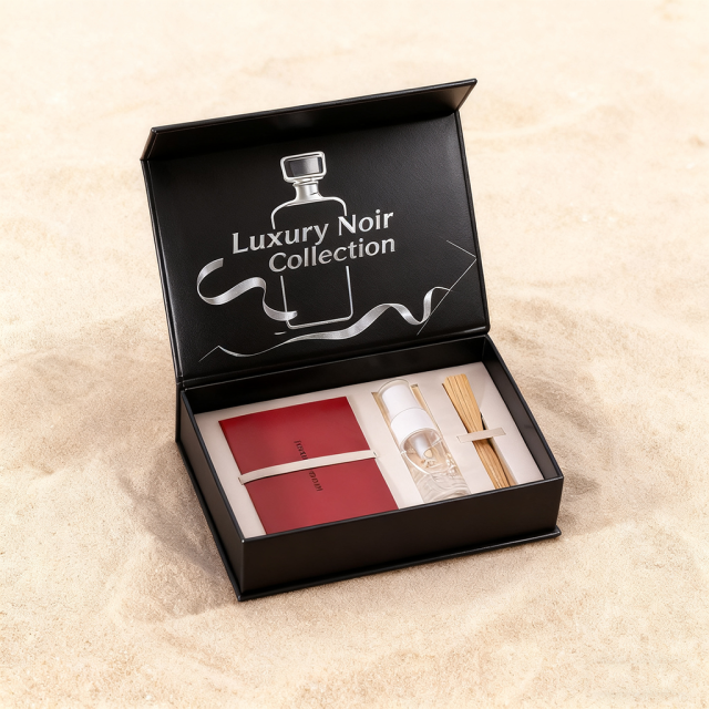 Custom Recyclable Luxury Perfume Rigid Clamshell Box Magnetic Closure Art Paper Matt Lamination UV Coating Embossing Sponge