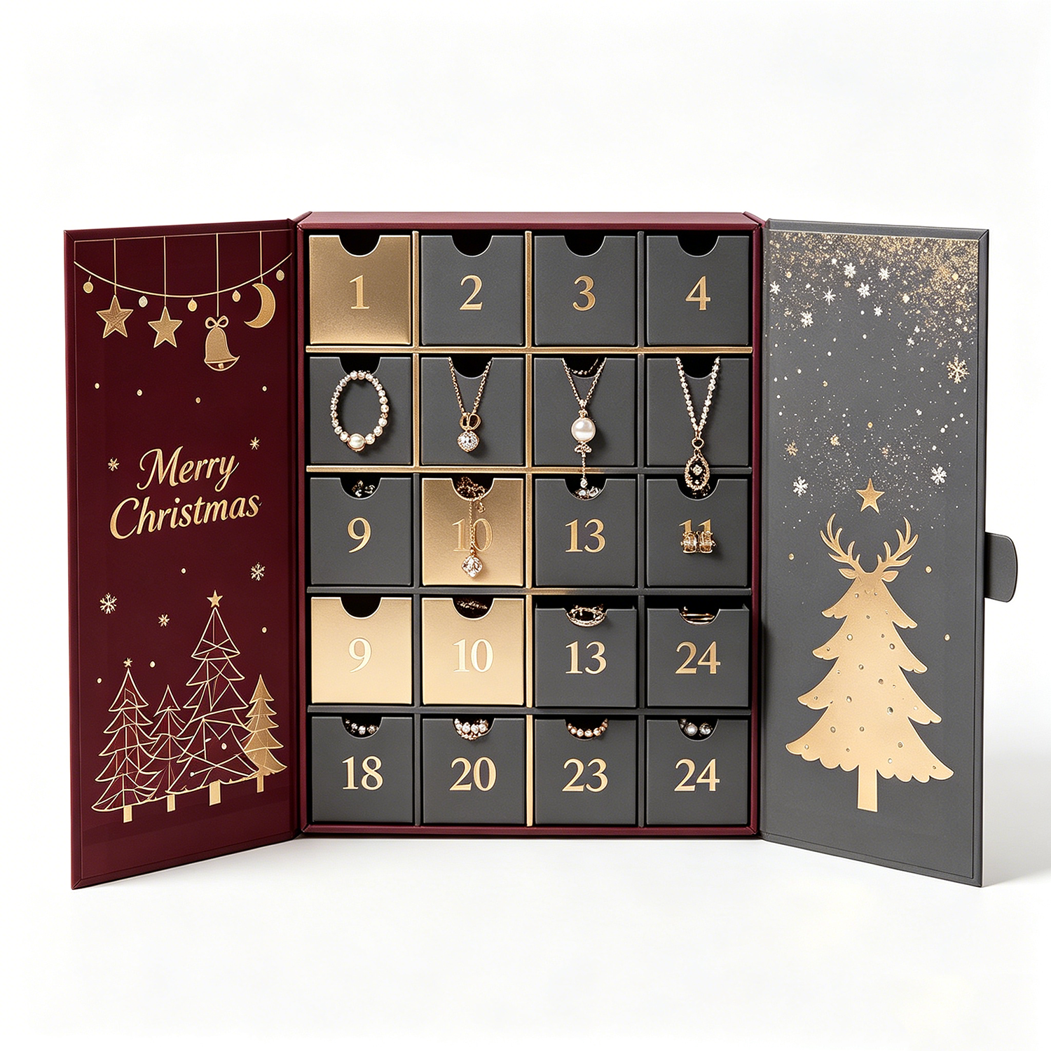 Custom 24-Day Countdown Advent Calendar Box Empty Paper Wrapped Christmas Jewelry Drawer for Cosmetics Beauty Embossed Printing