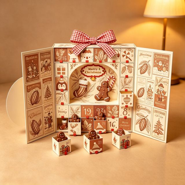 Custom Double Door Magnet Christmas 12 Days Advent Calendar Chocolate Candy Cookies Rigid Gift Paper Box for Children