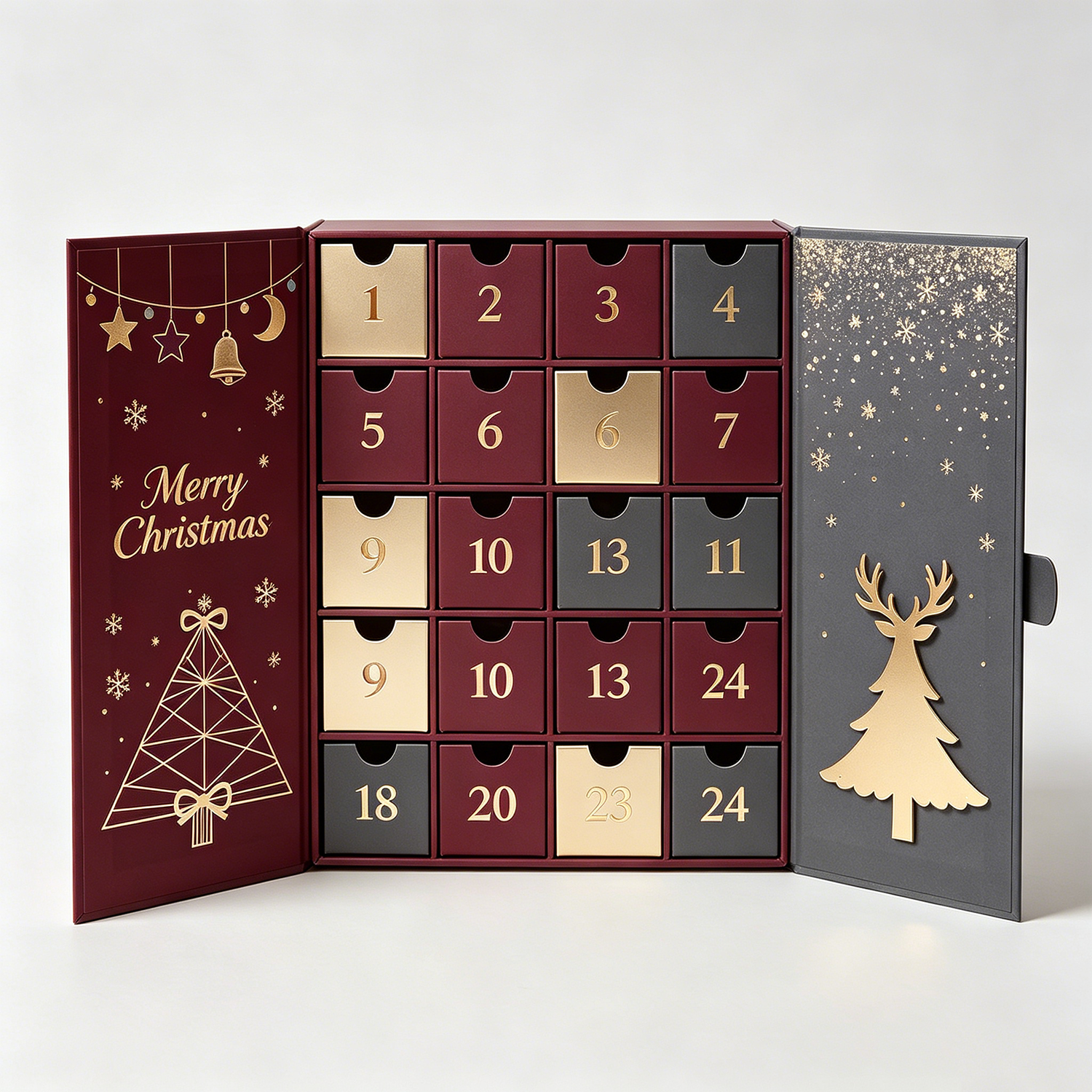 Custom 24-Day Countdown Advent Calendar Box Empty Paper Wrapped Christmas Jewelry Drawer for Cosmetics Beauty Embossed Printing