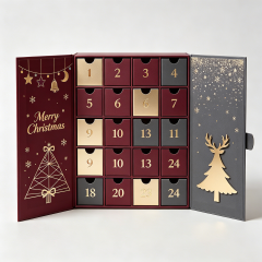 Custom 24-Day Countdown Advent Calendar Box Empty Paper Wrapped Christmas Jewelry Drawer for Cosmetics Beauty Embossed Printing