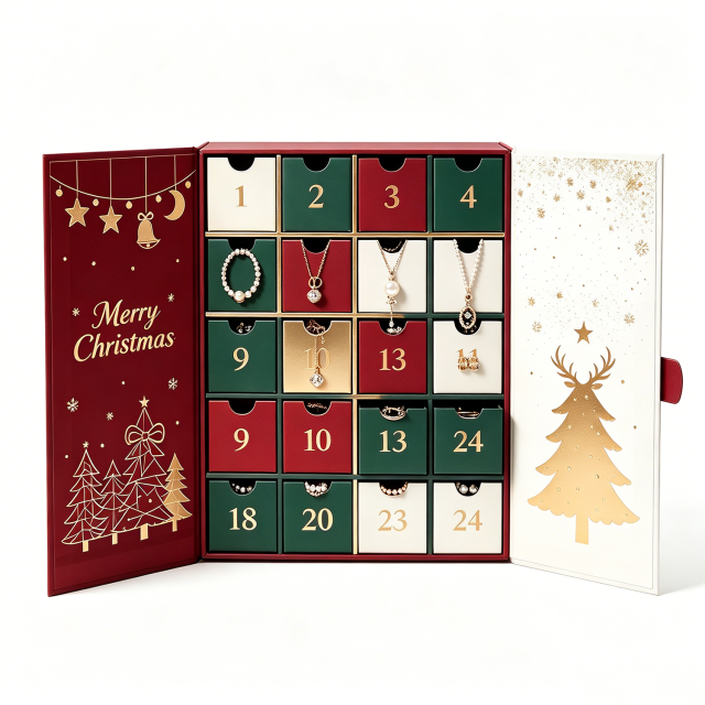 Custom 24-Day Countdown Advent Calendar Box Empty Paper Wrapped Christmas Jewelry Drawer for Cosmetics Beauty Embossed Printing