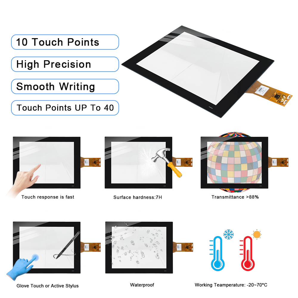 Présentation des fonctions de la dalle tactile COF 12,1 pouces, illustrant le toucher multipoint et différentes conditions d’utilisation.