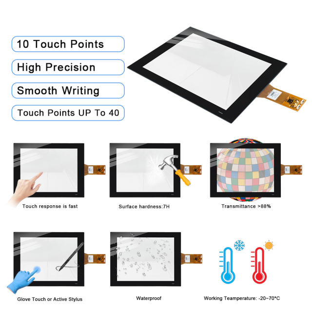 Présentation des fonctions de la dalle tactile COF 12,1 pouces, illustrant le toucher multipoint et différentes conditions d’utilisation.