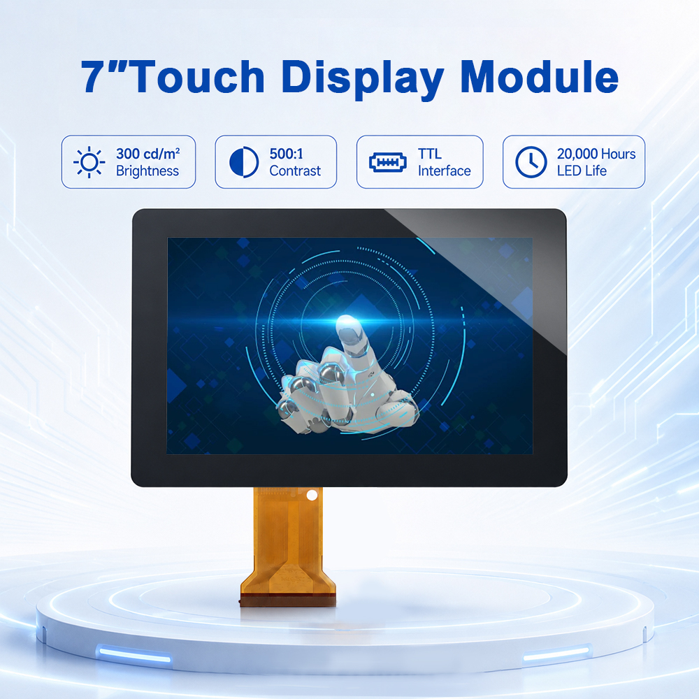 Module TFT LCD tactile capacitif 7 pouces 16:9 pour équipements CNC, luminosité de 300 cd/m² et interface d’affichage TTL.