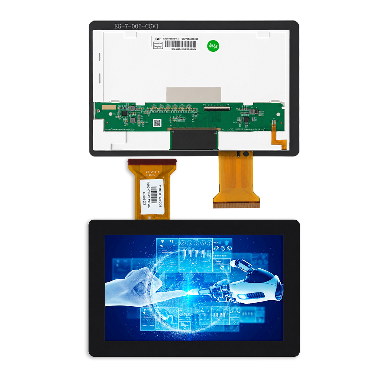 Vues avant et arrière du module TFT LCD tactile capacitif 7 pouces à collage périphérique, avec carte électronique et connexions FPC.