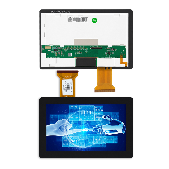 Vues avant et arrière du module TFT LCD tactile capacitif 7 pouces à collage périphérique, avec carte électronique et connexions FPC.