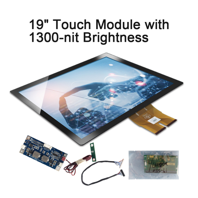 Module écran tactile 19 pouces présenté avec une luminosité de 1 300 nits, sa carte électronique et ses connexions.