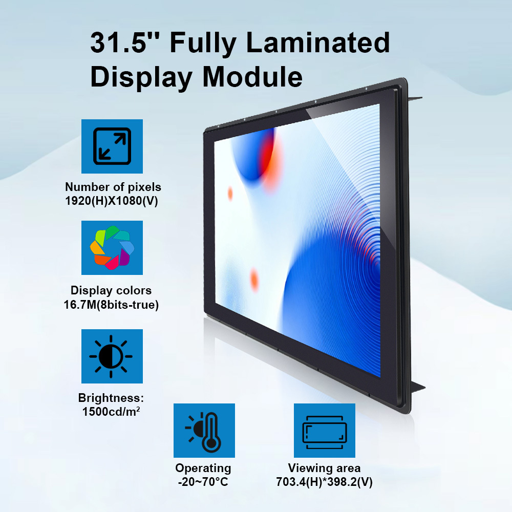 Module écran tactile 31,5 pouces à collage optique intégral avec cadre avant pour distributeur automatique extérieur.