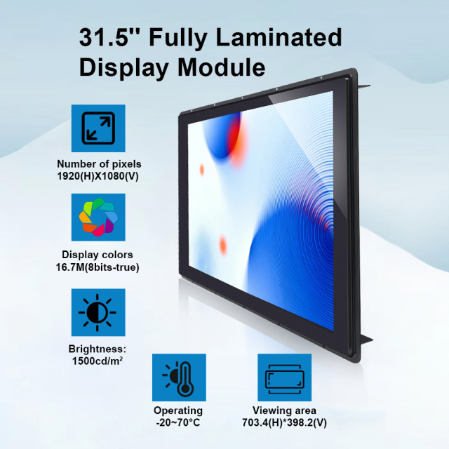 Module écran tactile 31,5 pouces à collage optique intégral avec cadre avant pour distributeur automatique extérieur.