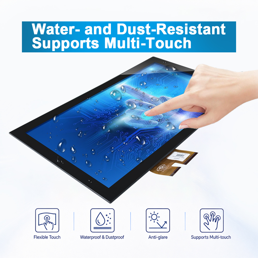 Module écran tactile 15,6 pouces pour borne interactive, illustrant une interaction multipoint avec des gouttes d’eau en surface.