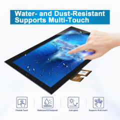 Module écran tactile 15,6 pouces pour borne interactive, illustrant une interaction multipoint avec des gouttes d’eau en surface.