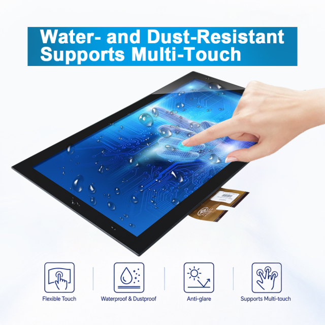 Module écran tactile 15,6 pouces pour borne interactive, illustrant une interaction multipoint avec des gouttes d’eau en surface.