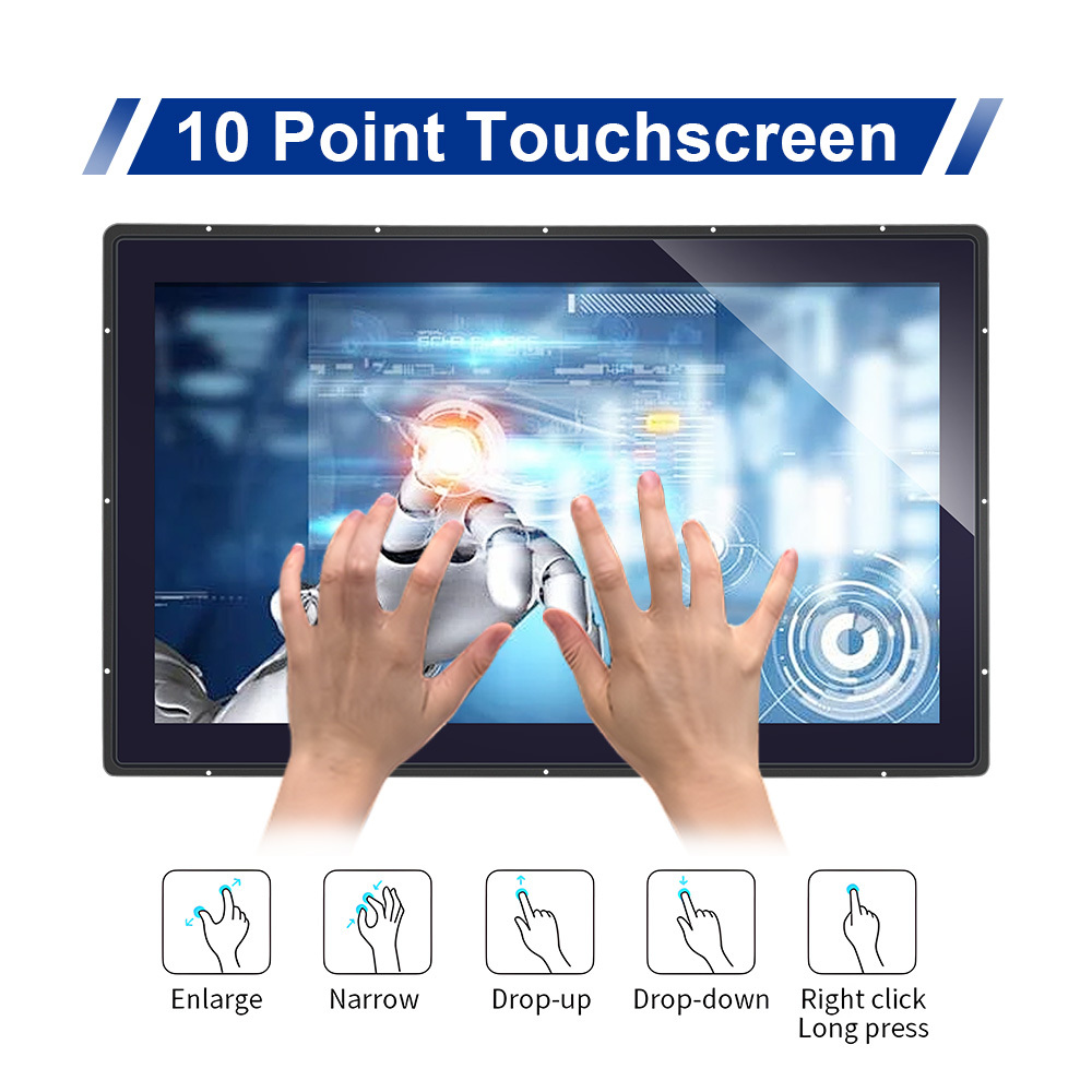 Module tactile 31,5 pouces illustrant une interaction à 10 points de contact pour une interface de vente automatique.