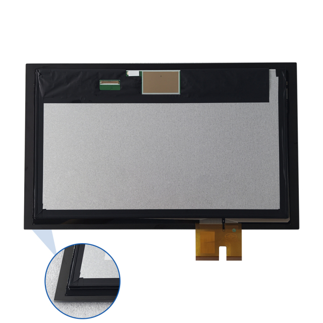Vue arrière du module tactile 15,6 pouces, avec détail du bord de l’assemblage et sortie FPC.