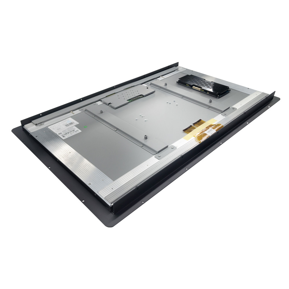 Vue arrière en perspective du module tactile 31,5 pouces, montrant le châssis métallique et le cadre noir.