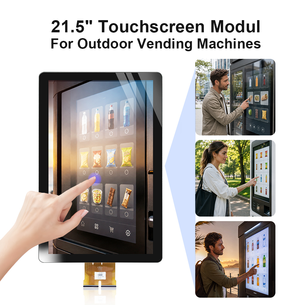 Module écran tactile 21,5 pouces pour distributeur automatique extérieur, illustrant la sélection de produits en libre-service.