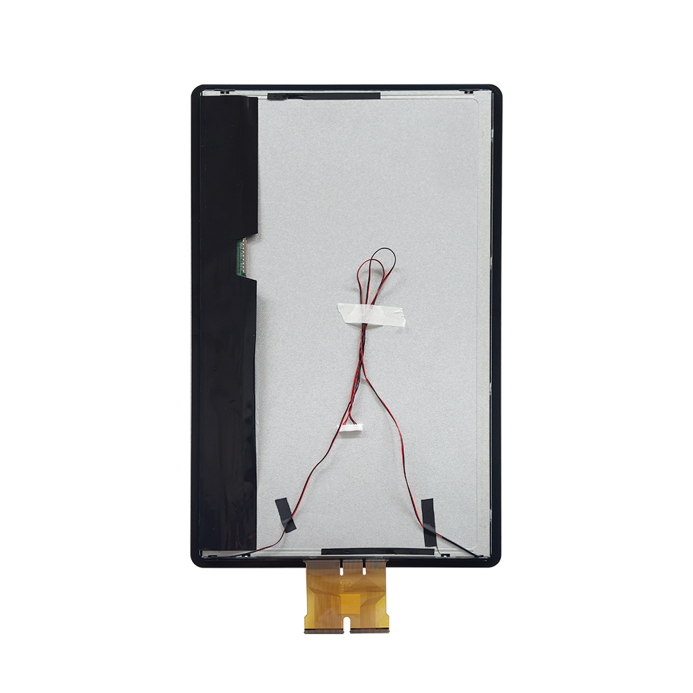 Module tactile 21,5 pouces présenté de dos en orientation portrait, avec cadre noir, câblage et connexion FPC.