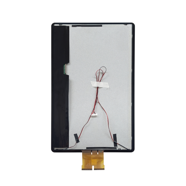 Module tactile 21,5 pouces présenté de dos en orientation portrait, avec cadre noir, câblage et connexion FPC.