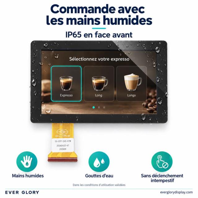 Module tactile capacitif pour cafetière, utilisable avec les mains humides et doté d’une protection IP65 en face avant