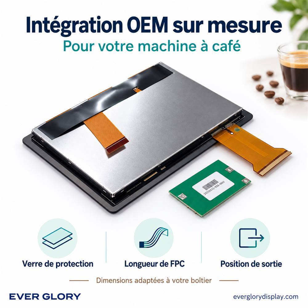 Vue arrière du module tactile pour cafetière avec personnalisation du verre de protection, de la longueur du FPC et de sa position de sortie