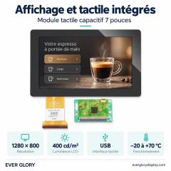 Module tactile capacitif 7 pouces avec résolution 1280 × 800, luminance de 400 cd/m² et interface tactile USB