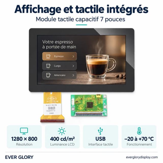 Module tactile capacitif 7 pouces avec résolution 1280 × 800, luminance de 400 cd/m² et interface tactile USB