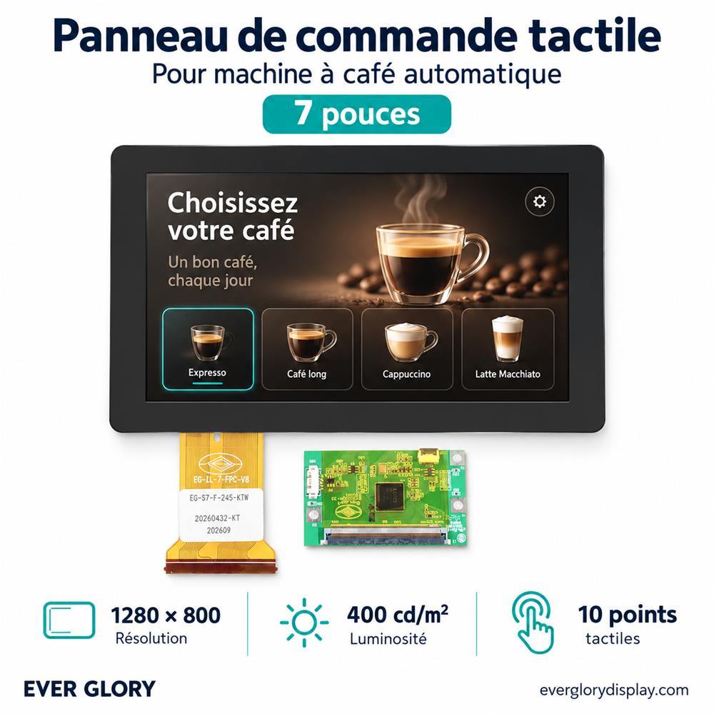 Panneau de commande tactile 7 pouces pour machine à café automatique, avec affichage 1280 × 800 et luminance de 400 cd/m²