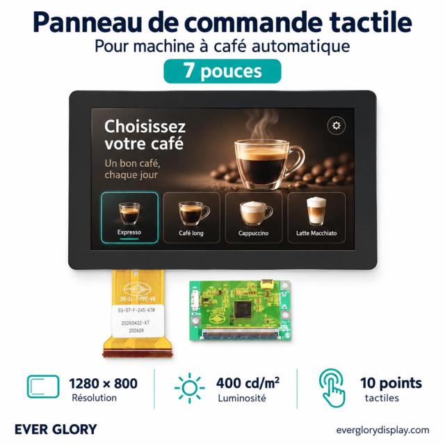 Panneau de commande tactile 7 pouces pour machine à café automatique, avec affichage 1280 × 800 et luminance de 400 cd/m²