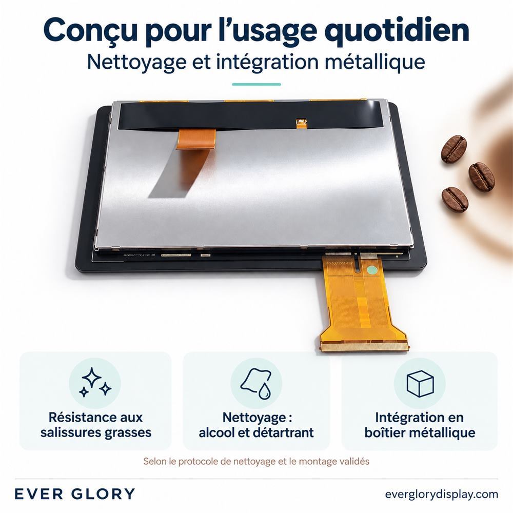 Vue arrière du panneau tactile pour cafetière présentant les conditions de nettoyage et d’intégration dans un boîtier métallique