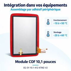 Vue arrière du module tactile de 10,1 pouces : assemblage par adhésif périphérique et fonctionnement de −10 à +50 °C.