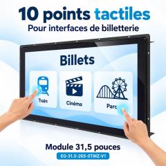 Illustration de l’interaction sur le module tactile de 31,5 pouces à 10 points, avec une interface de billetterie.