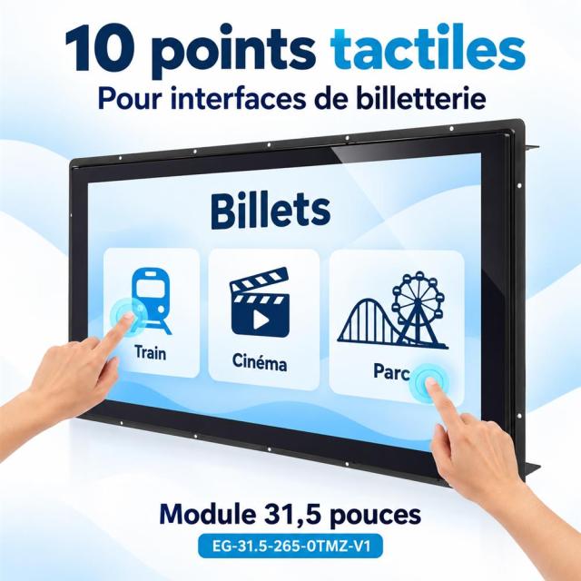 Illustration de l’interaction sur le module tactile de 31,5 pouces à 10 points, avec une interface de billetterie.
