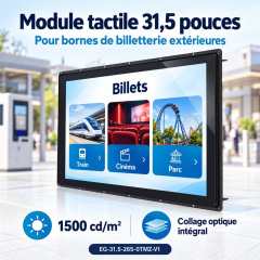 Module tactile de 31,5 pouces avec interface de billetterie illustrée, destiné à une borne extérieure.