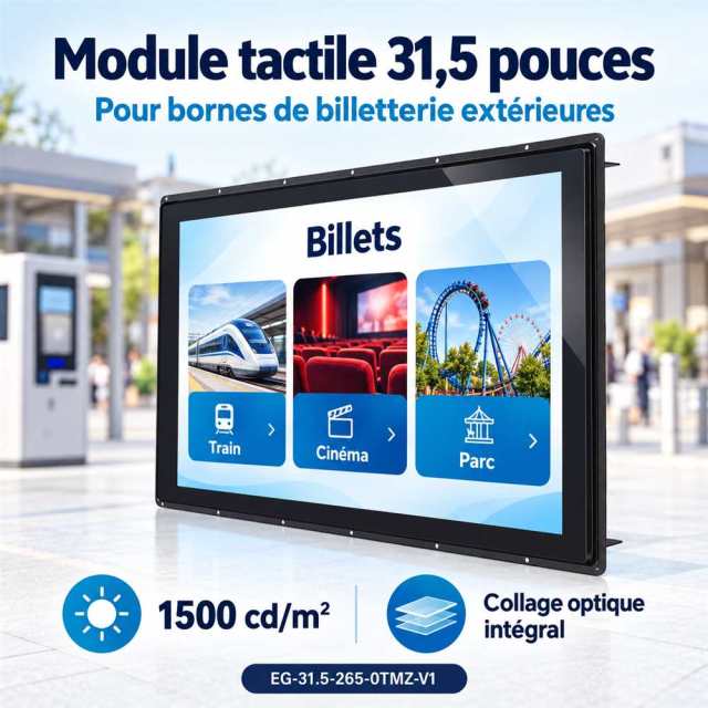 Module tactile de 31,5 pouces avec interface de billetterie illustrée, destiné à une borne extérieure.