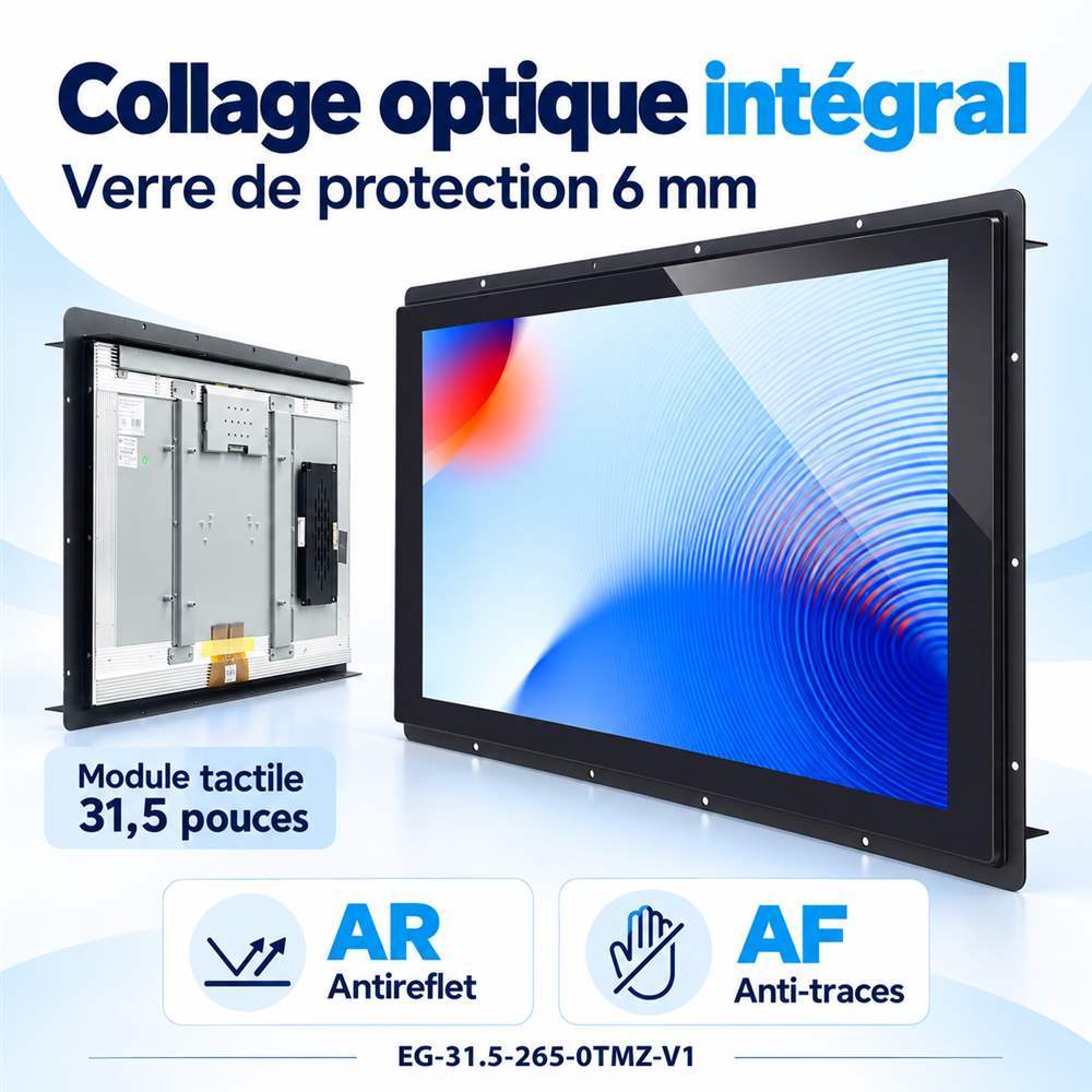 Vues avant et arrière du module tactile de 31,5 pouces, avec collage optique intégral et verre de 6 mm traité AR et AF.
