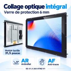 Vues avant et arrière du module tactile de 31,5 pouces, avec collage optique intégral et verre de 6 mm traité AR et AF.