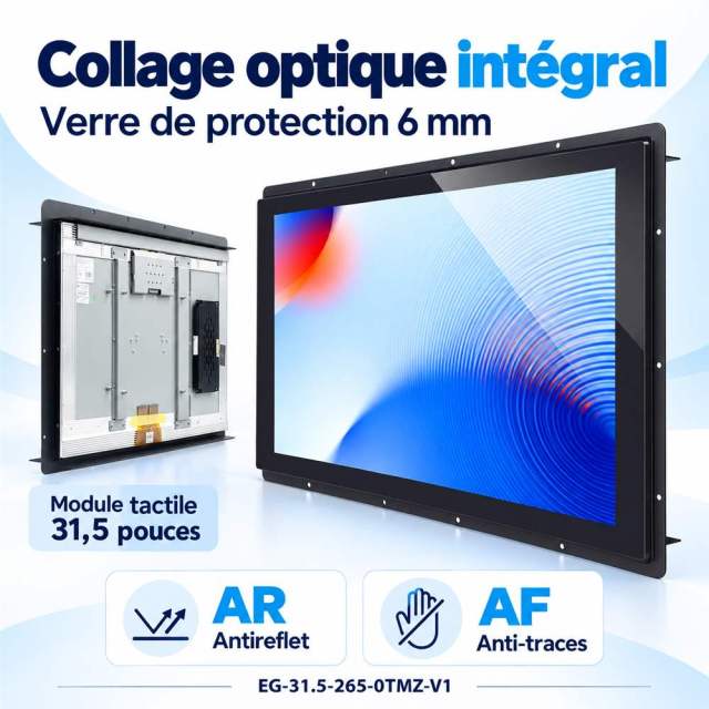 Vues avant et arrière du module tactile de 31,5 pouces, avec collage optique intégral et verre de 6 mm traité AR et AF.