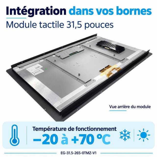 Vue arrière du module tactile de 31,5 pouces montrant son cadre et ses composants pour l’intégration dans une borne.