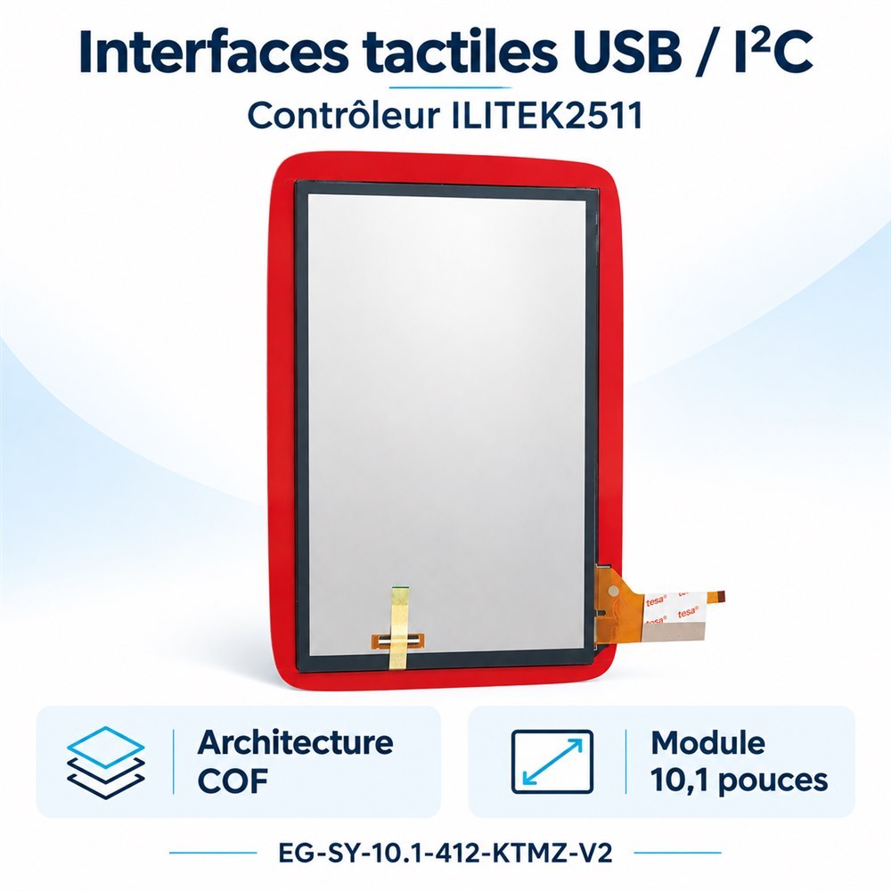 Vue arrière du module tactile COF de 10,1 pouces avec nappes, contrôleur ILITEK2511 et interfaces tactiles USB et I²C.