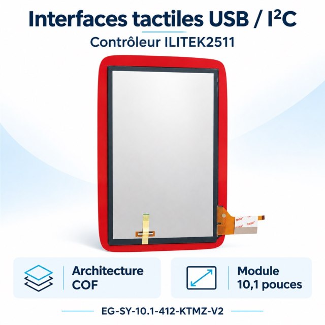 Vue arrière du module tactile COF de 10,1 pouces avec nappes, contrôleur ILITEK2511 et interfaces tactiles USB et I²C.