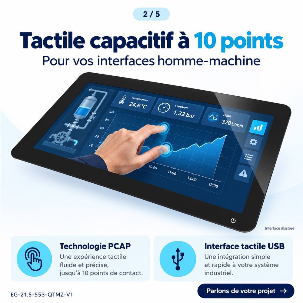 Module tactile PCAP 21,5 pouces à 10 points, avec geste de zoom sur une interface industrielle illustrée.
