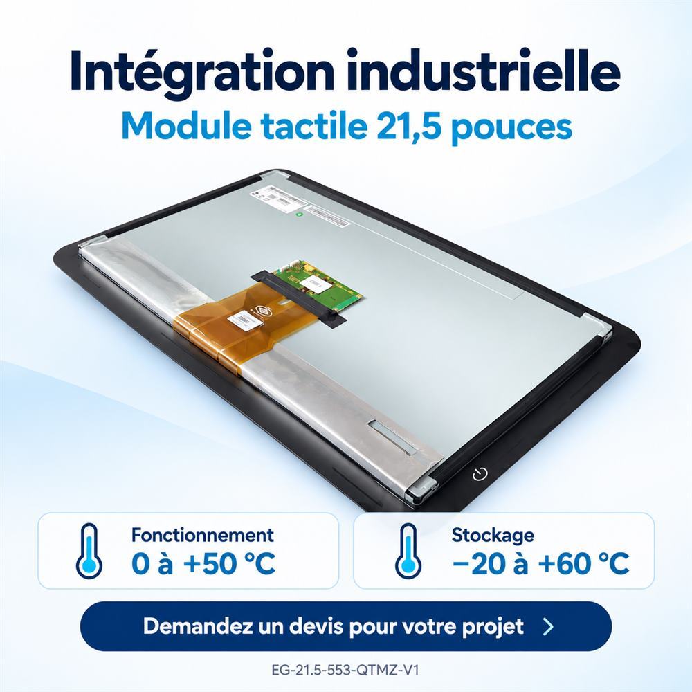 Vue arrière en perspective du module EG-21.5-553-QTMZ-V1, avec températures de fonctionnement et de stockage.