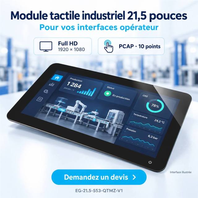 Module tactile industriel 21,5 pouces Full HD avec interface opérateur illustrée.