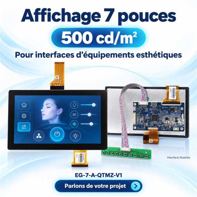 Vues avant et arrière du module tactile 7 pouces avec luminosité annoncée de 500 cd/m².