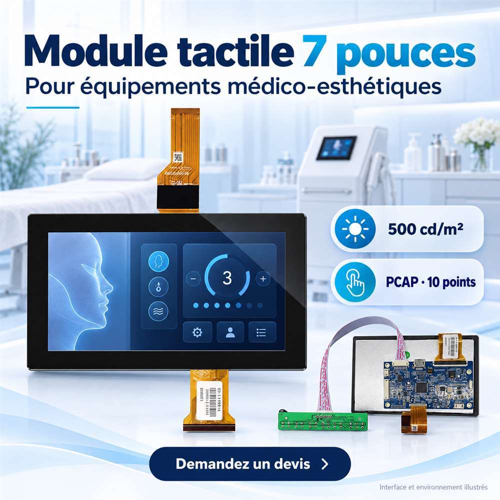 Module tactile PCAP 7 pouces présenté pour une intégration dans un équipement médico-esthétique.