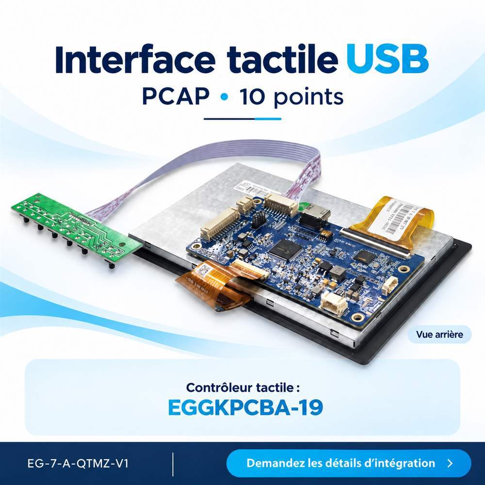 Vue arrière du module PCAP 7 pouces avec interface tactile USB, 10 points et contrôleur EGGKPCBA-19.