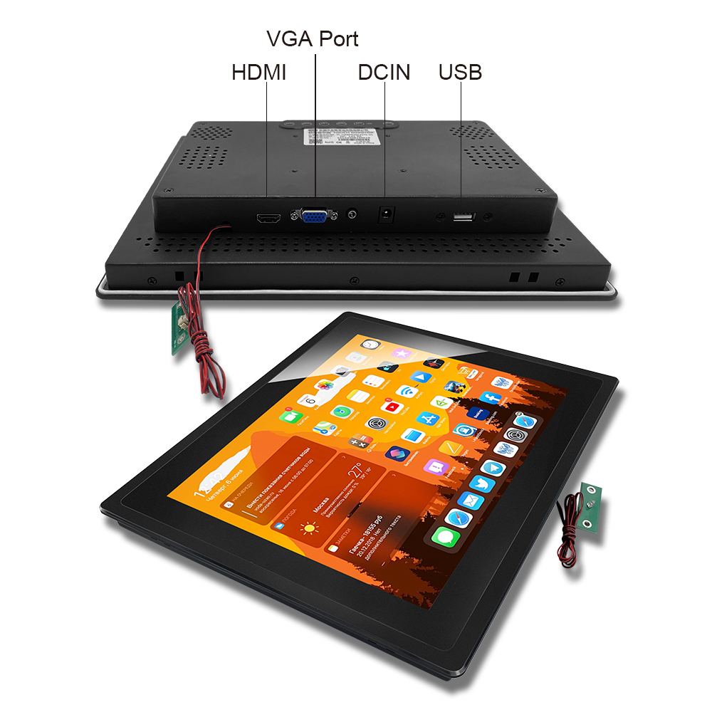 12,1 Zoll Einbaumonitor Touchscreen mit VGA-, HDMI-, DC- und USB-Anschlüssen