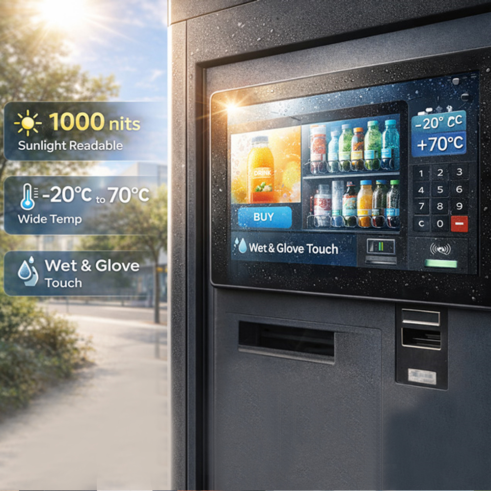 Gehärtete Glasfront des Touchdisplays für öffentliche Selbstbedienung